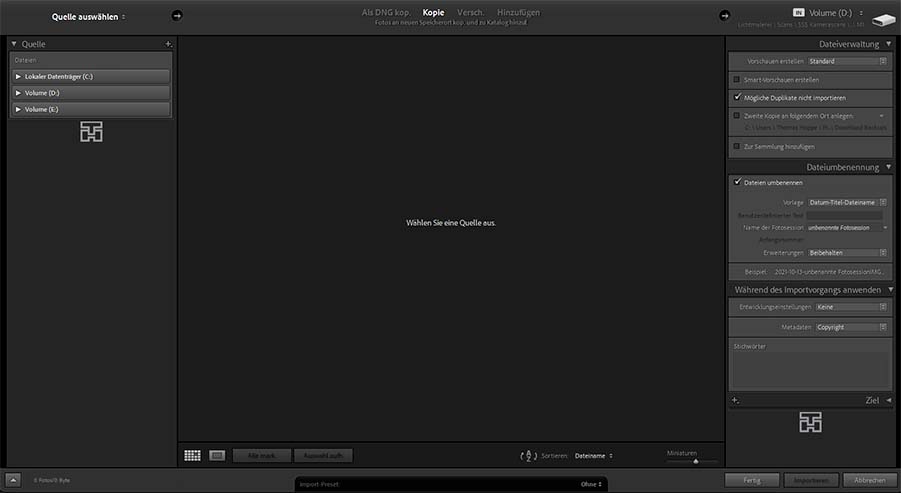 Lightroom, Importdialog nach Wunsch, Voreinstellungen Import-Dialog, 01