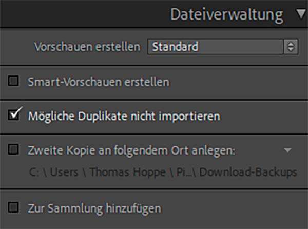 Lightroom, Importdialog nach Wunsch, Voreinstellungen Import-Dialog, 02