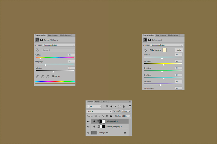Farbtonung, Färben, Einfärben, Einstellungsebene Schwarzweiß, Einstellungsebene Farbton/Sättigung, Photoshop, 02